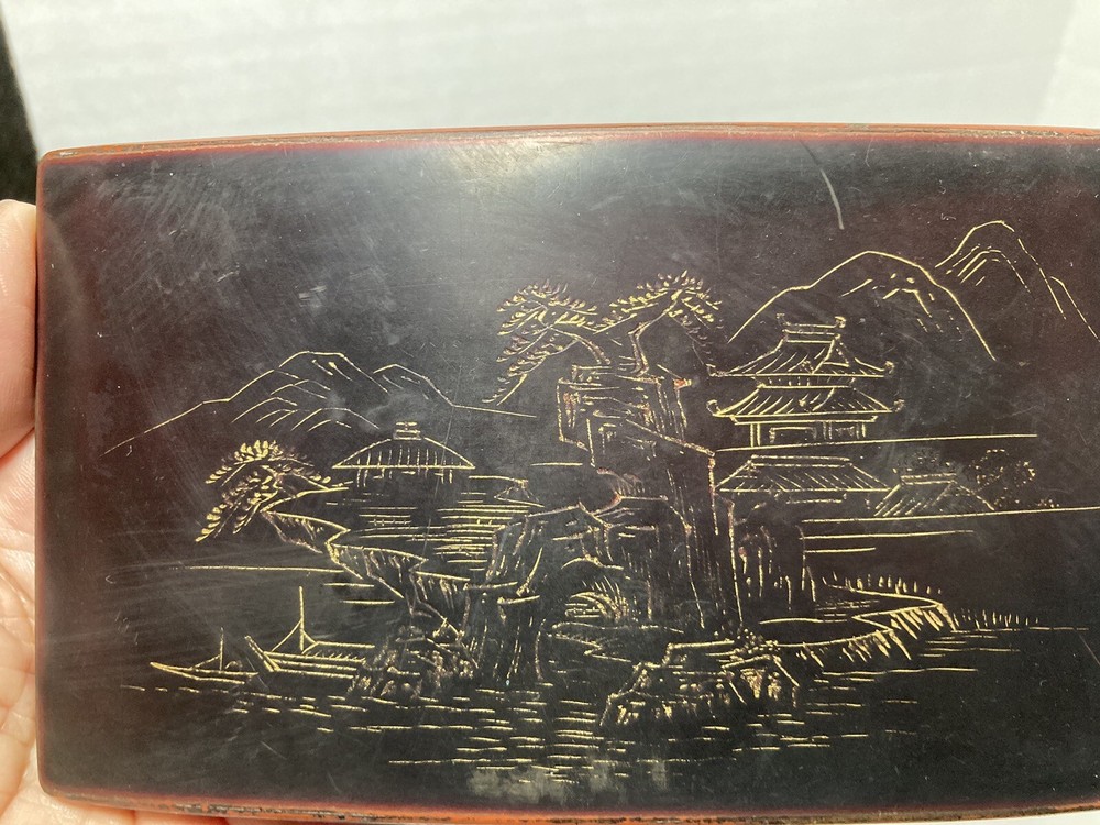 Maruni Lacquerware Coffee Table Cigarette Box, 2 Ashtrays Occupied Japan Signed