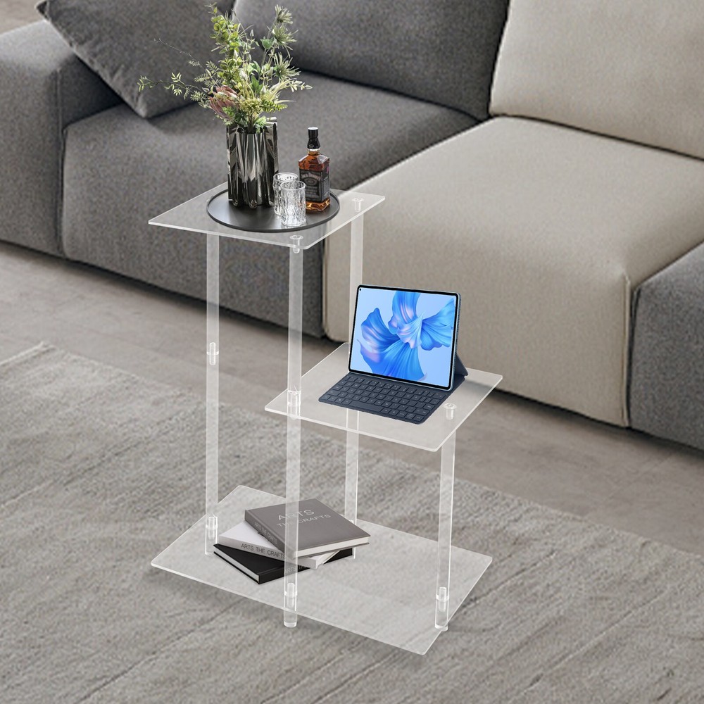 3-Tier Side Table Bedside Table with Open Storage Shelf Clear Side Square Table
