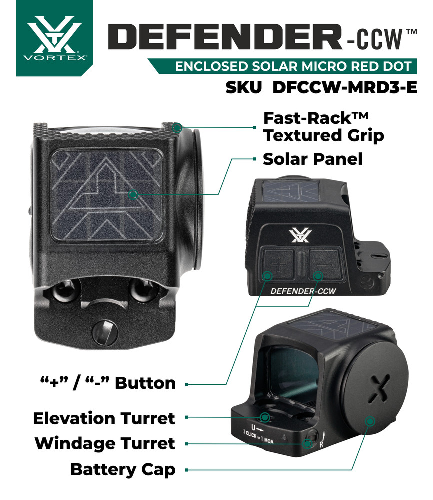 Vortex Optics Defender-CCW Enclosed Solar 3 MOA Dot/32 MOA Circle Micro Red Dot