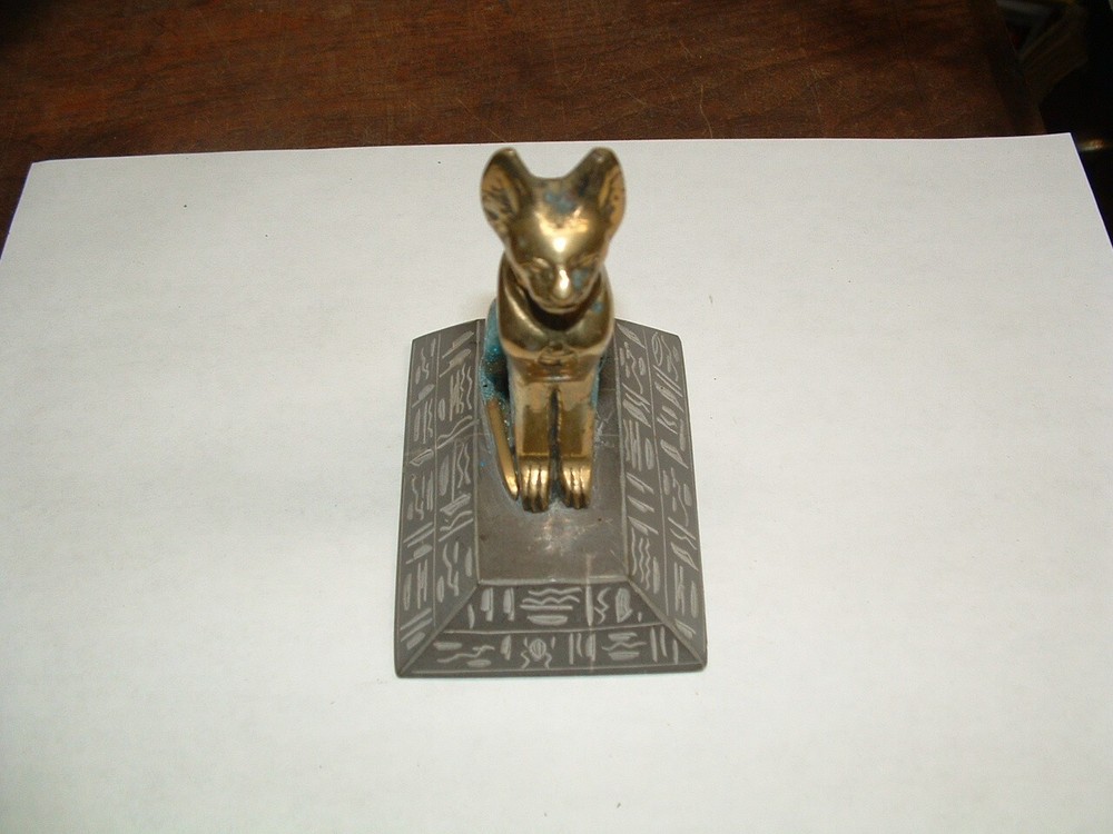 SOLID BRASS EGYPTIAN SPHINX CAT WITH SOLID STONE BASE CARVED HIEROGLYPHS WRITING