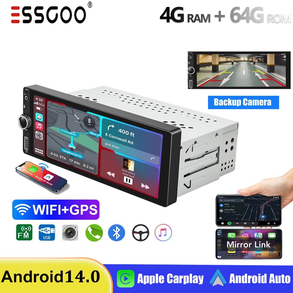 Single 1 Din 4+64G Android 14 Car Stereo IPS Touch Screen GPS USB Bluetooth AUX