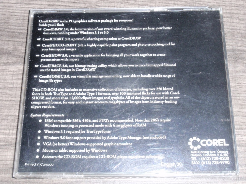 CorelDraw 3.0 PC CD-ROM 1991 Corel Systems Corp DRAW vector software Windows 3.1