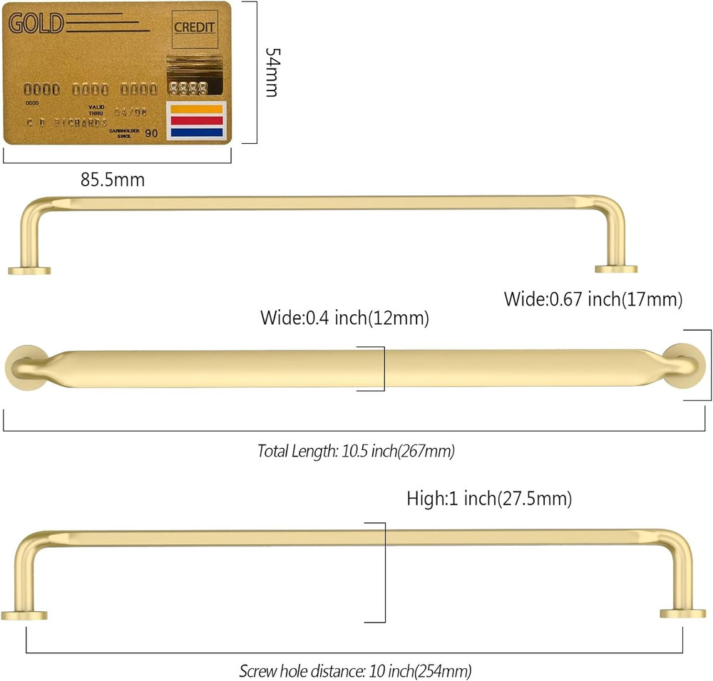 Brushed Gold Cabinet Pulls - 10 Pack, 10 Inch Solid Zinc Alloy Handles