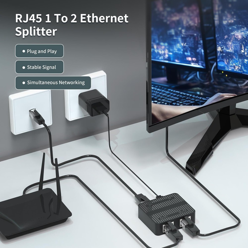 Gigabit Ethernet Splitter 1 to 2 Devices Simultaneously Networking 1000Mbps H...
