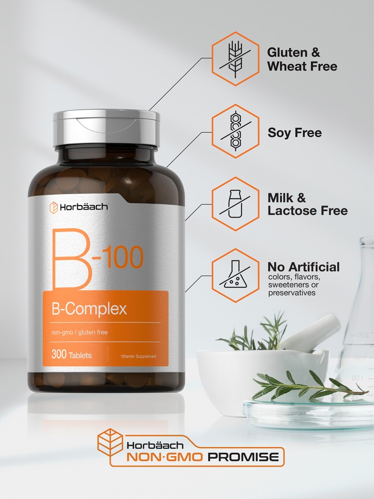 Vitamin B-100 Complex | 300 Tablets | Vegetarian, Non-GMO | by Horbaach