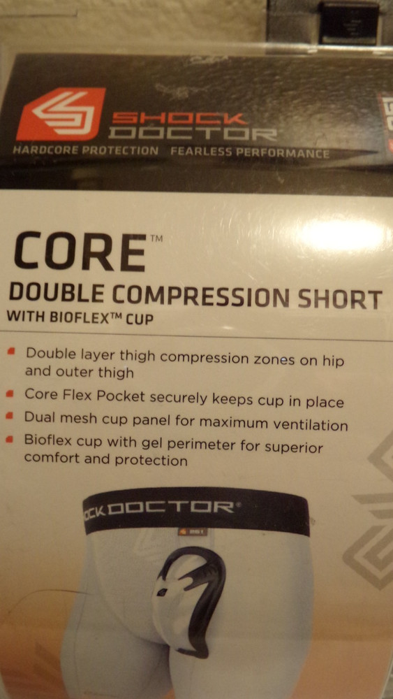 Shock Doctor Core Double Compression Shorts w Bioflex Cup, LARGE, 34-36 (White)