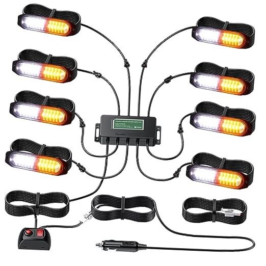 LED Surface Mount Strobe Lights Kit,White Amber Flashing Car Truck Strobe