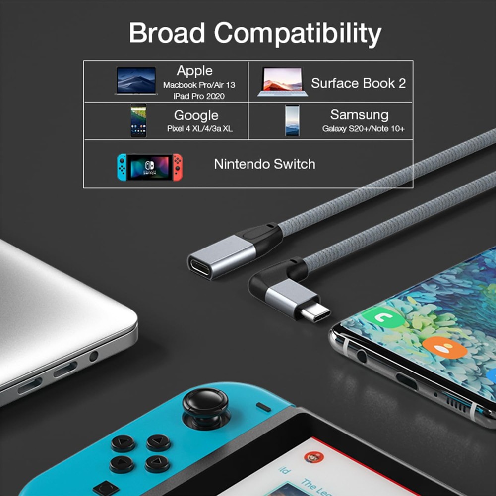 UseBean Right Angle USB C Extension Cable 0.6FT, 90 Degree USB-C GRAY