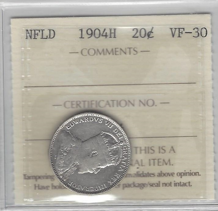 1904H  ICCS Graded Newfoundland Twenty Cent **VF-30**