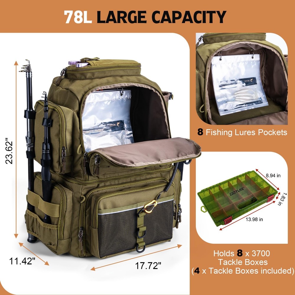 Fishing Backpack with 4 Tackle Boxes, 78L 600D Water-Resistant Tackle Backpac...