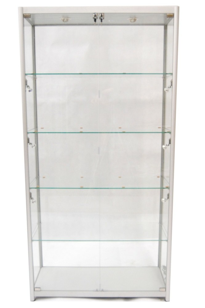 Silver Aluminum Glass Tower Display Showcase with Lockable Doors & LED Lighting