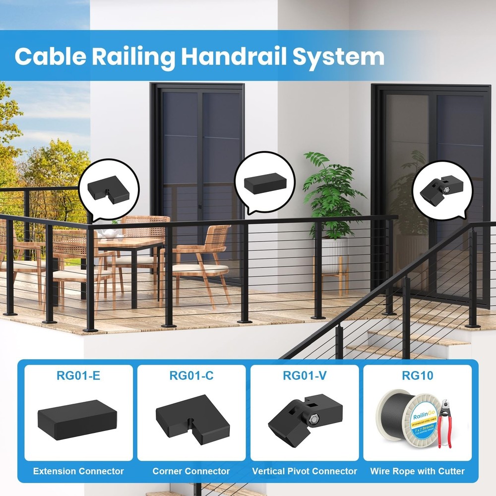6'6'' Rectangular Cable Railing Handrail, Black Stainless Steel Handrail with...