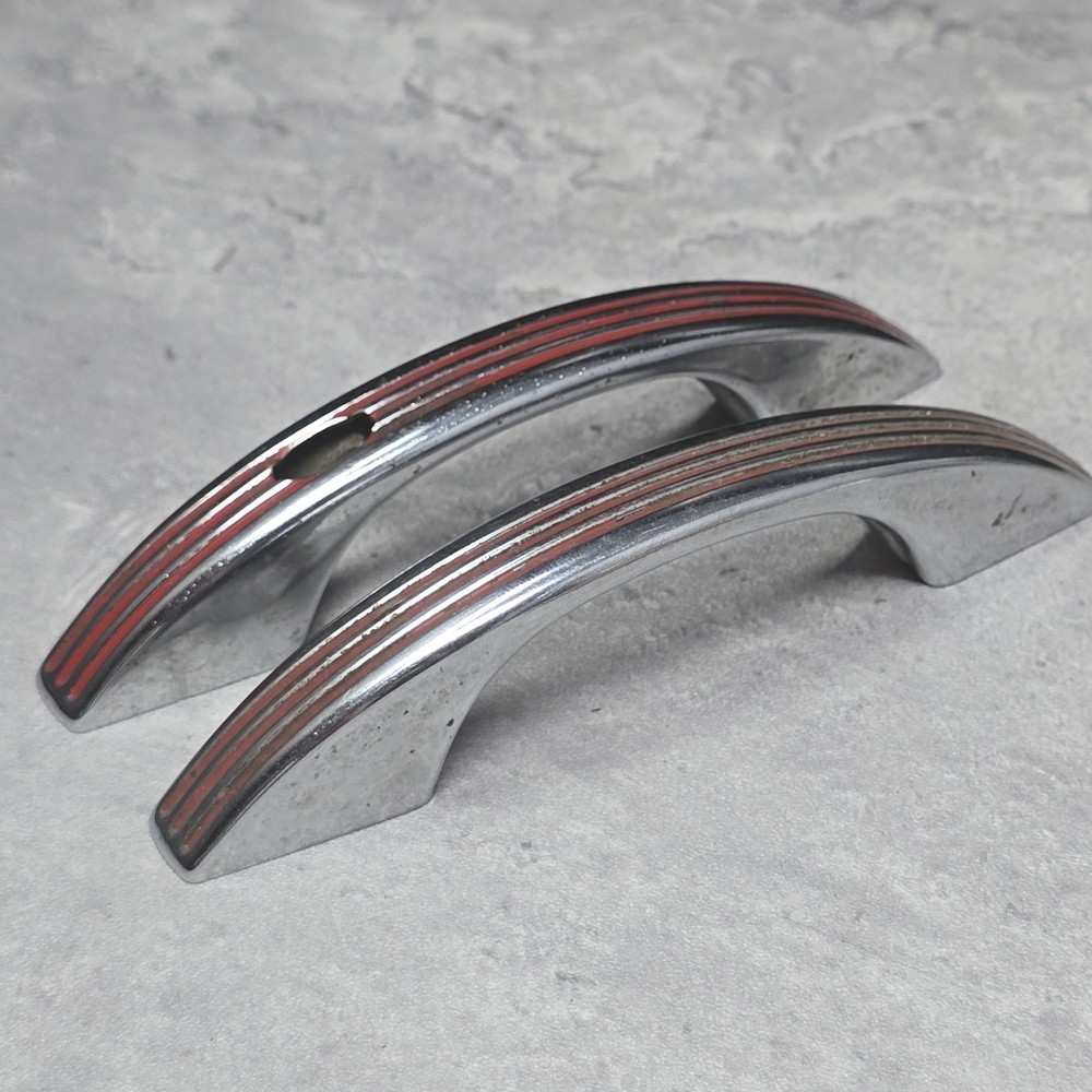Chrome Red Drawer Pulls Cabinet Art Deco Architectural Salvage 2.75" Centers