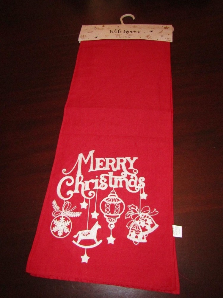 snowman christmas tree ornaments embroidered table runner nwt 14x72