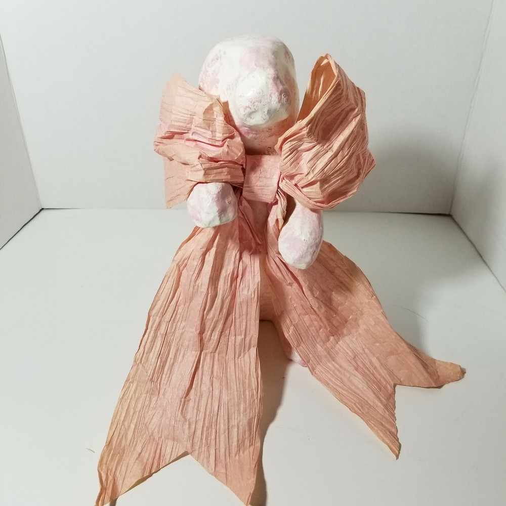 Pink White Paper Mache Bunny With Big Raffia Bow Easter Spring