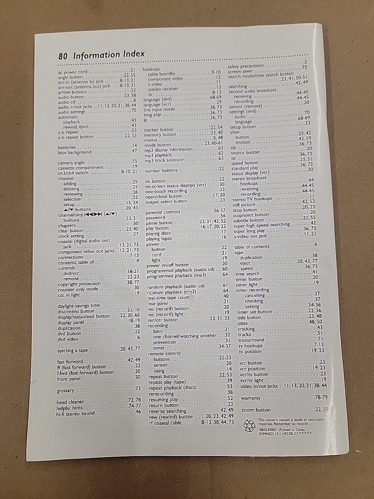 Philips Video Disc Player & Cassette Recorder Model DVD740VR Operating Manual