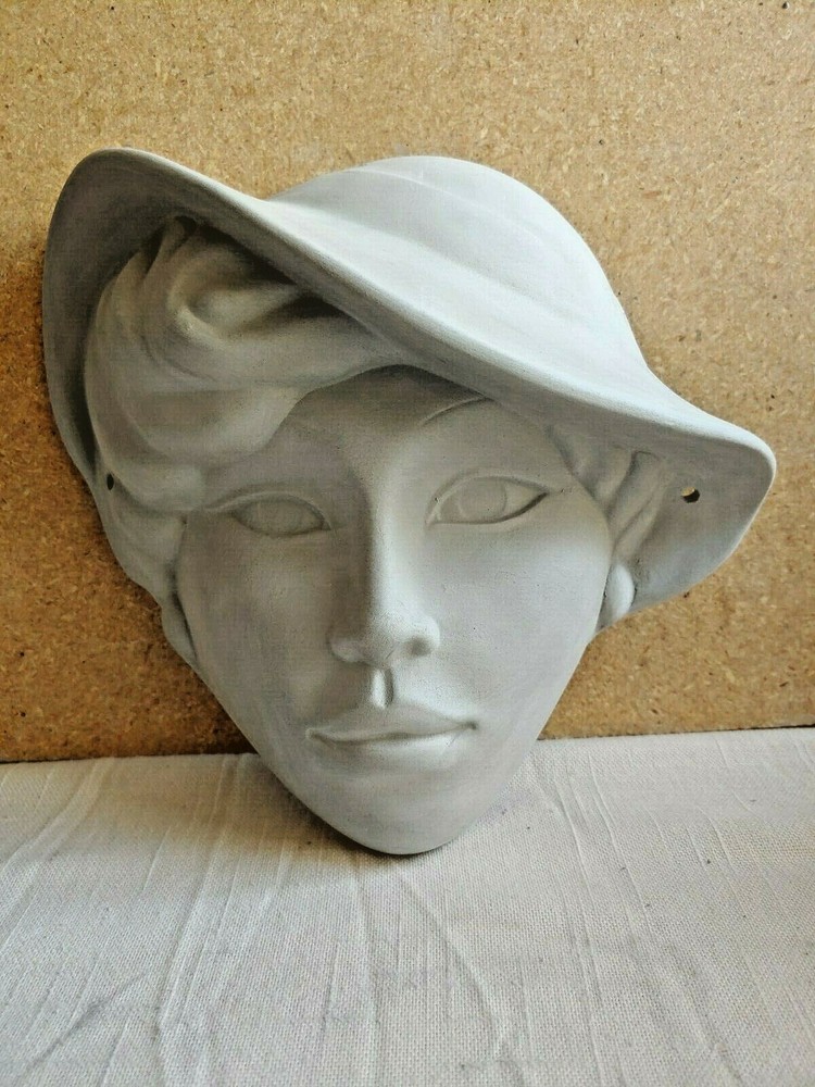 Ceramic bisque mask lady with hat u paint