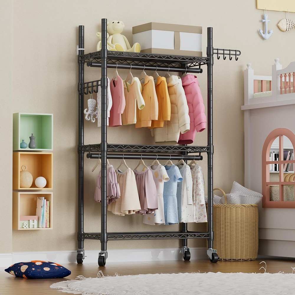 Heavy Duty Clothes Rack Rolling Garment Rack,3 Tier Adjustable Wire Shelving ...