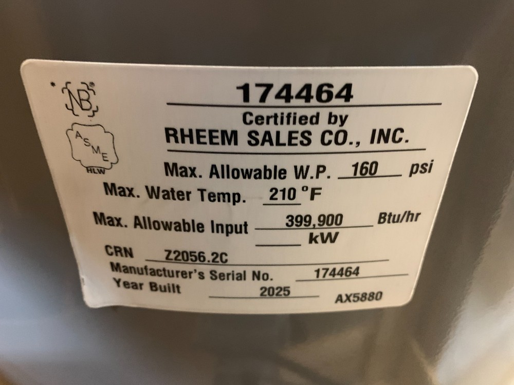 Rheem GHE100SS-250A Commercial Low NOx Gas Water Heater 100-Gal 120V 250,000BtuH