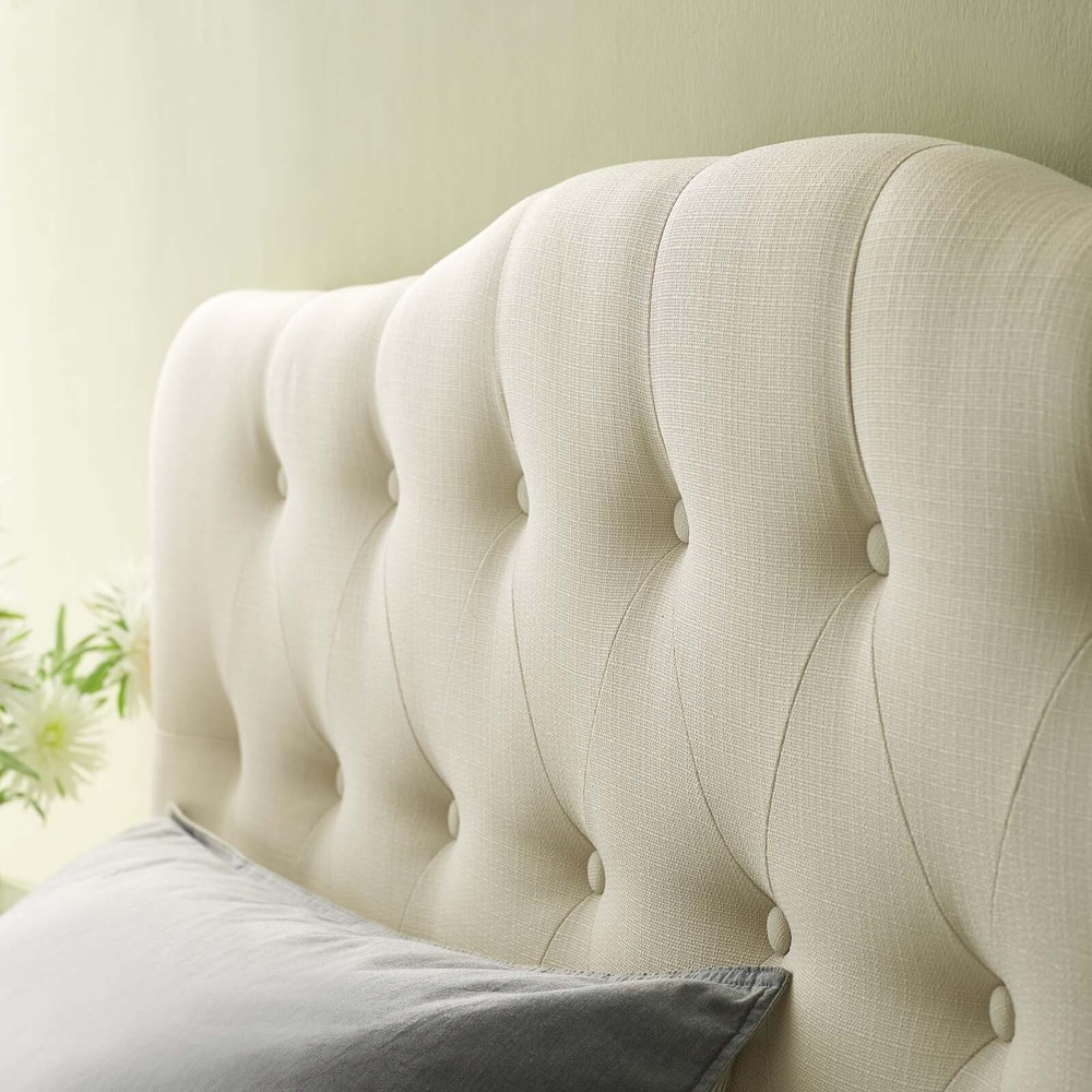 Modway Button Tufted Padded Upholstered Fabric Queen Size Headboard in Ivory