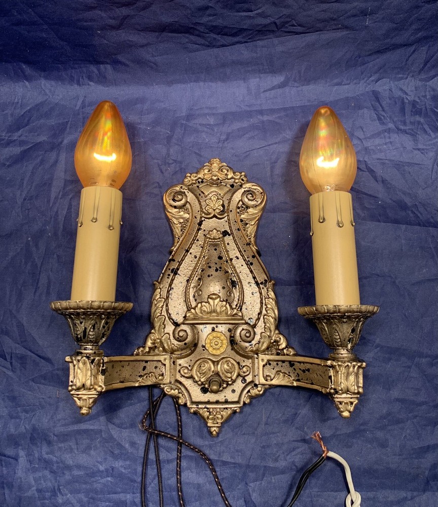 Antique Pair Polychrome Two Arm Wall Sconces Rewired Nice 107D