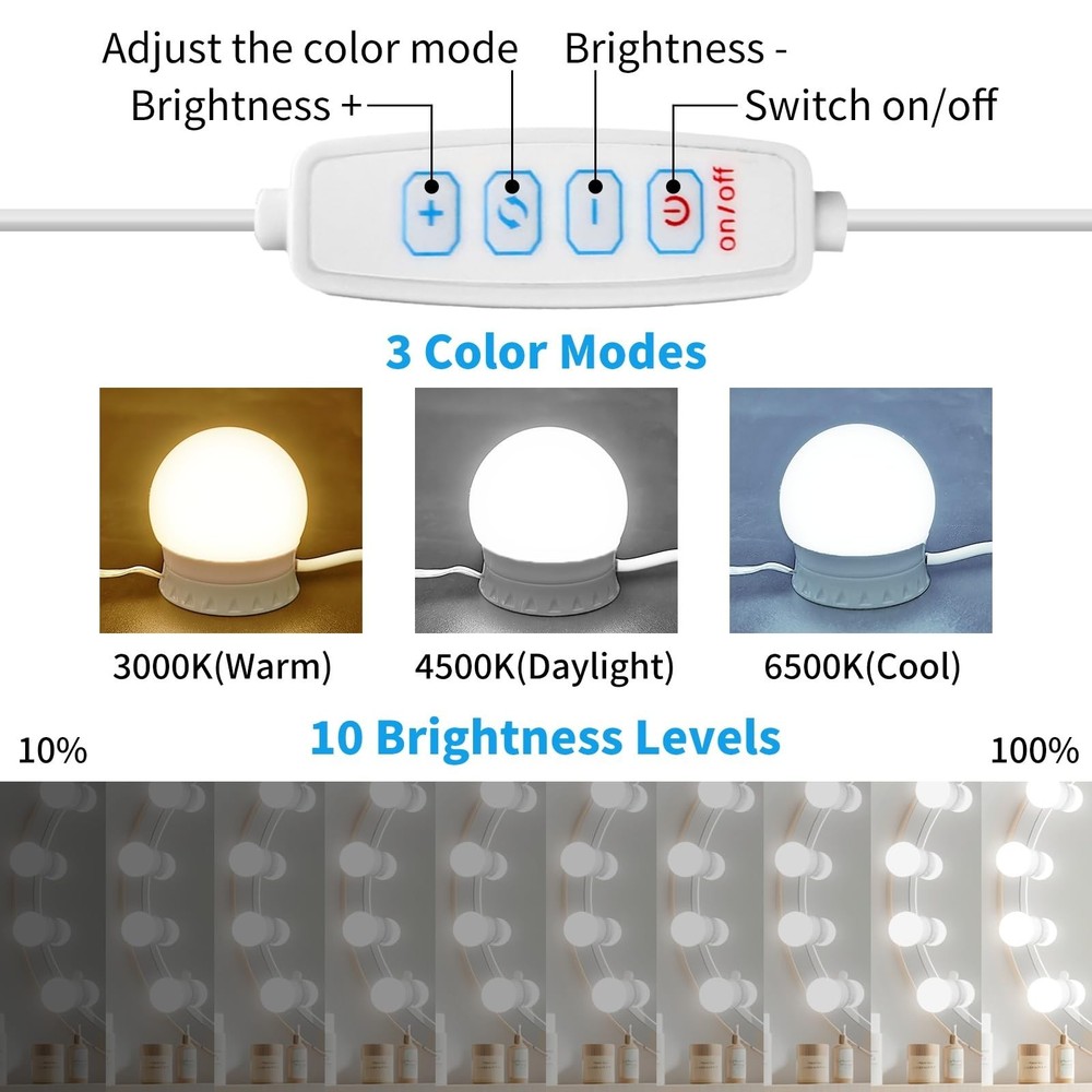 Hollywood Style Mirror Lights, 12 Dimmable Bulbs, Usb Powered, White
