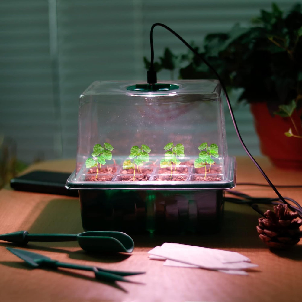 Seed Starter Tray with Grow Light 12 Cell Germination Kit Humidity Dome
