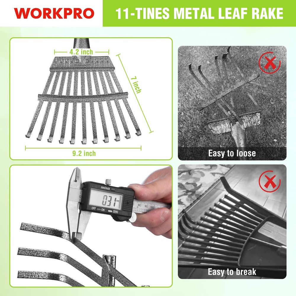 Small Rake for Leaves 72” Adjustable Handle 11 Steel Tines