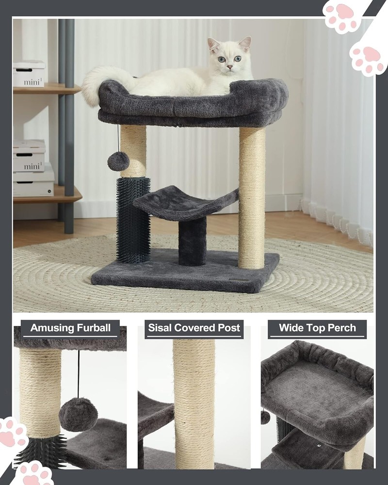 Cat Tree Tower Gray Top Platform Scratching Post Perch Self Groomer - Gray