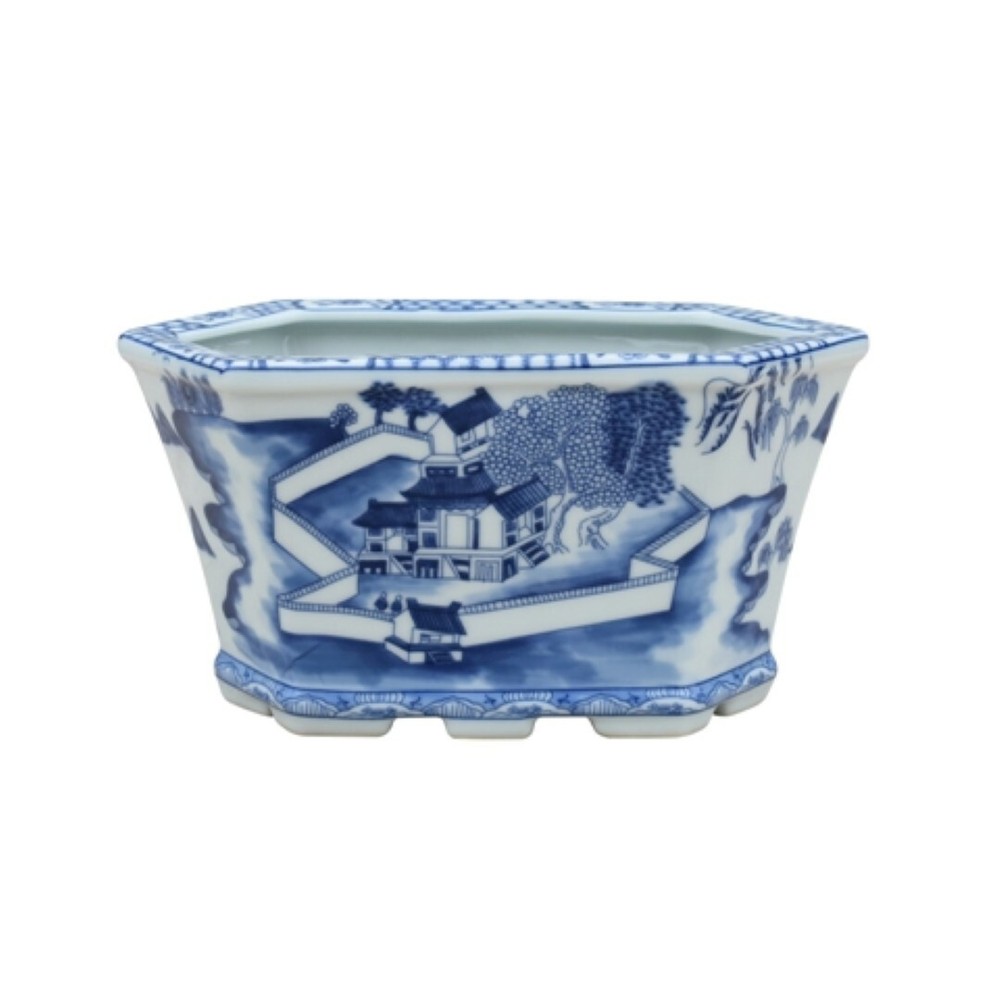 Blue and White Blue Willow Landscape Porcelain Hexagonal Pot