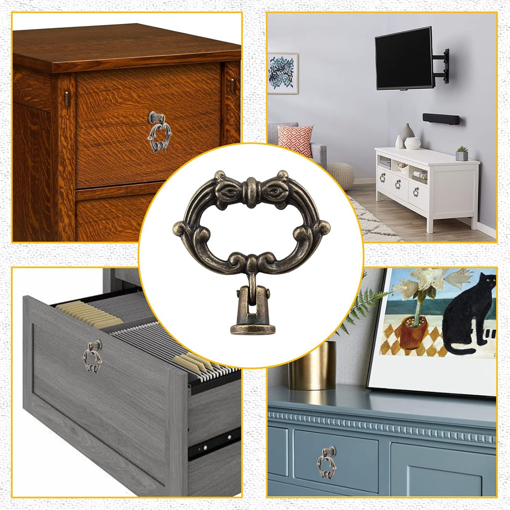 6 Pcs Antique Bronze Drop Ring Drawer Pulls, Vintage Cabinet Pull Handles, Small