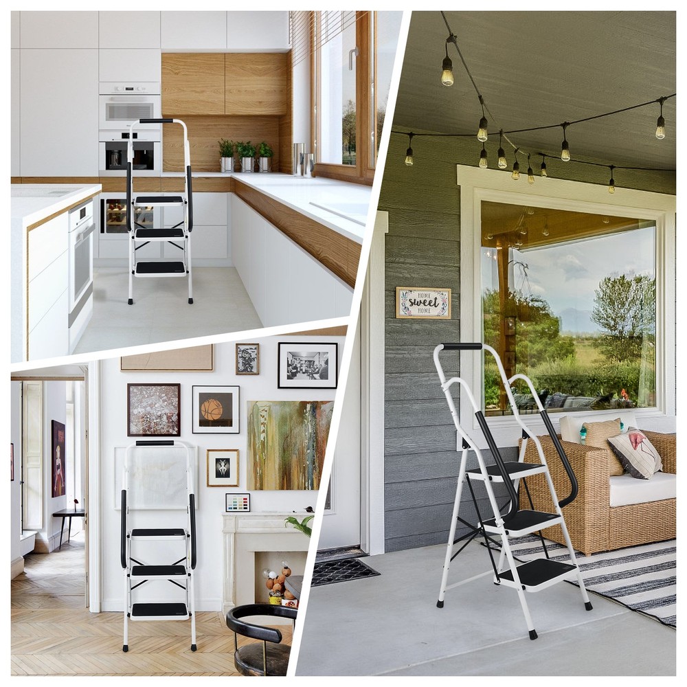 3 Step Ladder with Hankdrails, Portable Folding Step Stool with Safety