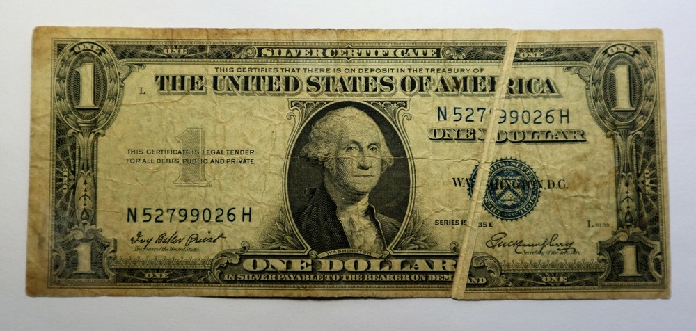 1935 E 1$ SILVER CERTIFICATE DOBLE GUTTER FOLD ERROR NOTE