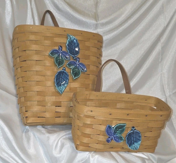 LANGABERGER 2-BASKETS THIN MAPLE W/CERAMIC(ADED)DECOR &PLASTIC LINER 2000 USA
