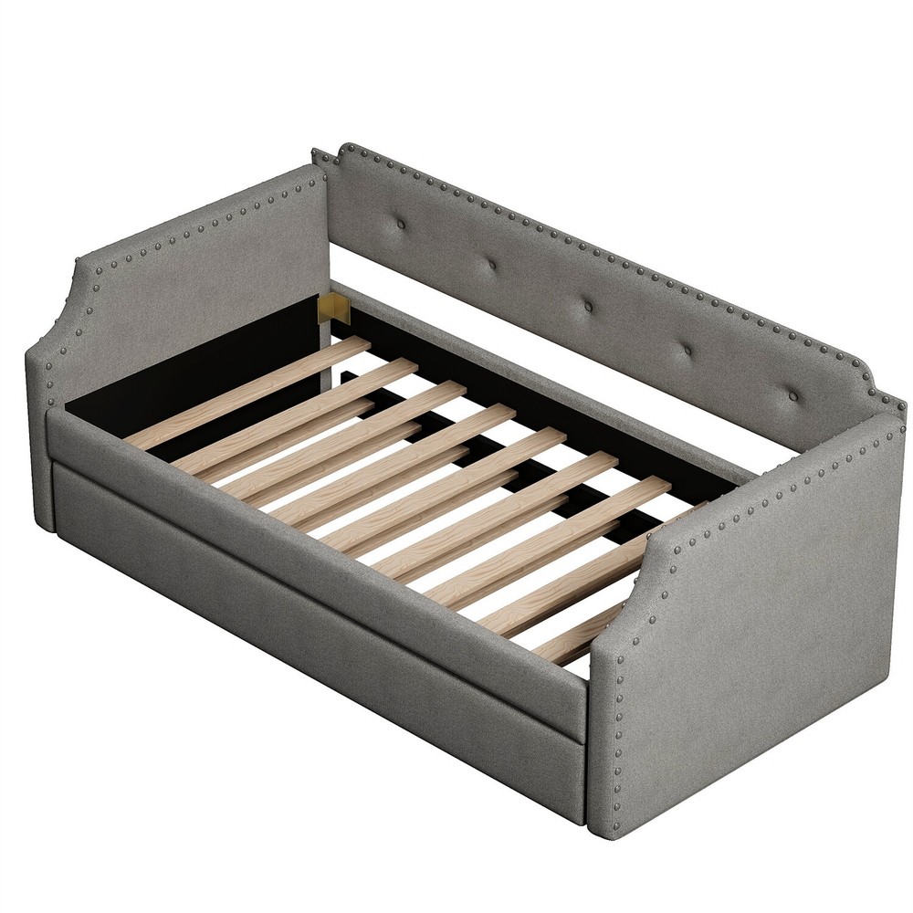 Twin Size Daybed w/ Pull-Out Trundle Bed Upholstered Bed Frame Sofa Bed US