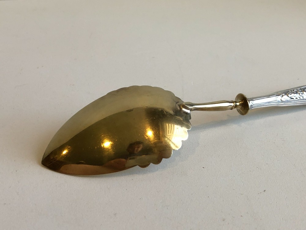 Vintage 800 Silver Handled Brass Decorated Spoon Server, 6 1/2" Long