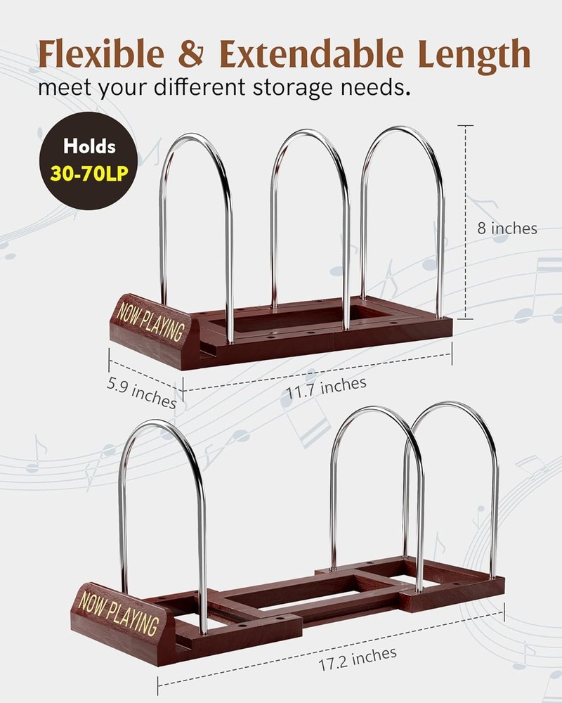 Vinyl Record Storage Rack, Adjustable LP Display Stand for 30-70 Records