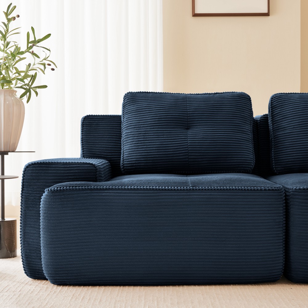 117" Modular Sectional Sofa w/ Tufted Design, Corduroy Fabric, Deep Seat, Blue