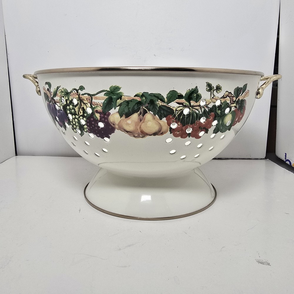 Vintage Cornucopia Enamel and Brass Colander/ Strainer Mixed Fruit Design