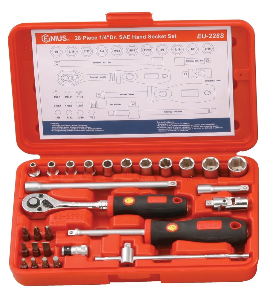 Genius Tools 28 Piece 1/4" Dr. SAE Hand Socket Set - EU-228S