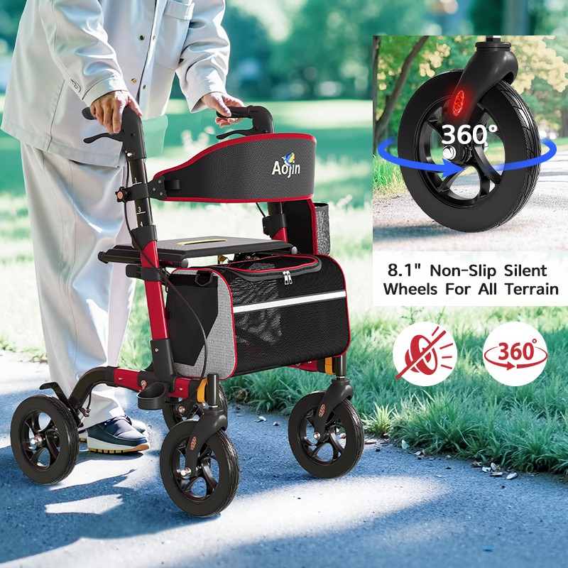 Foldable Rollator Walker 350 lb Capacity w/ 18" Seat & 8" Wheel Rolling Walker