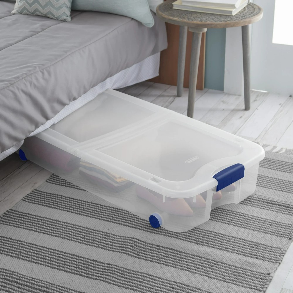 Sterilite Large Storage Bin, 66 Quart Clear Underbed Storage Container with Latc