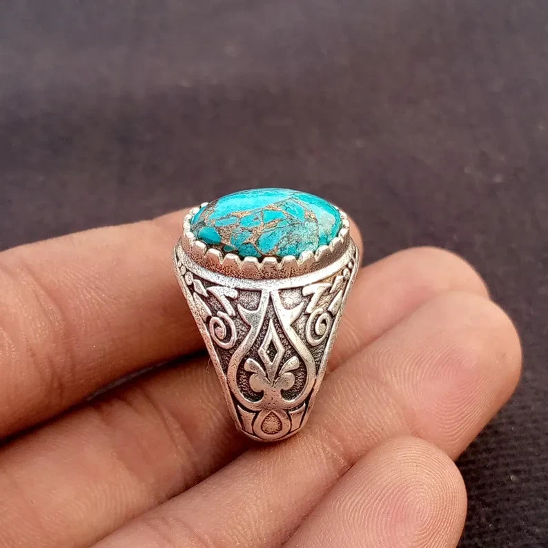 925 Sterling Silver Copper Turquoise Ring Statement Handmade Gift Men's Ring B89