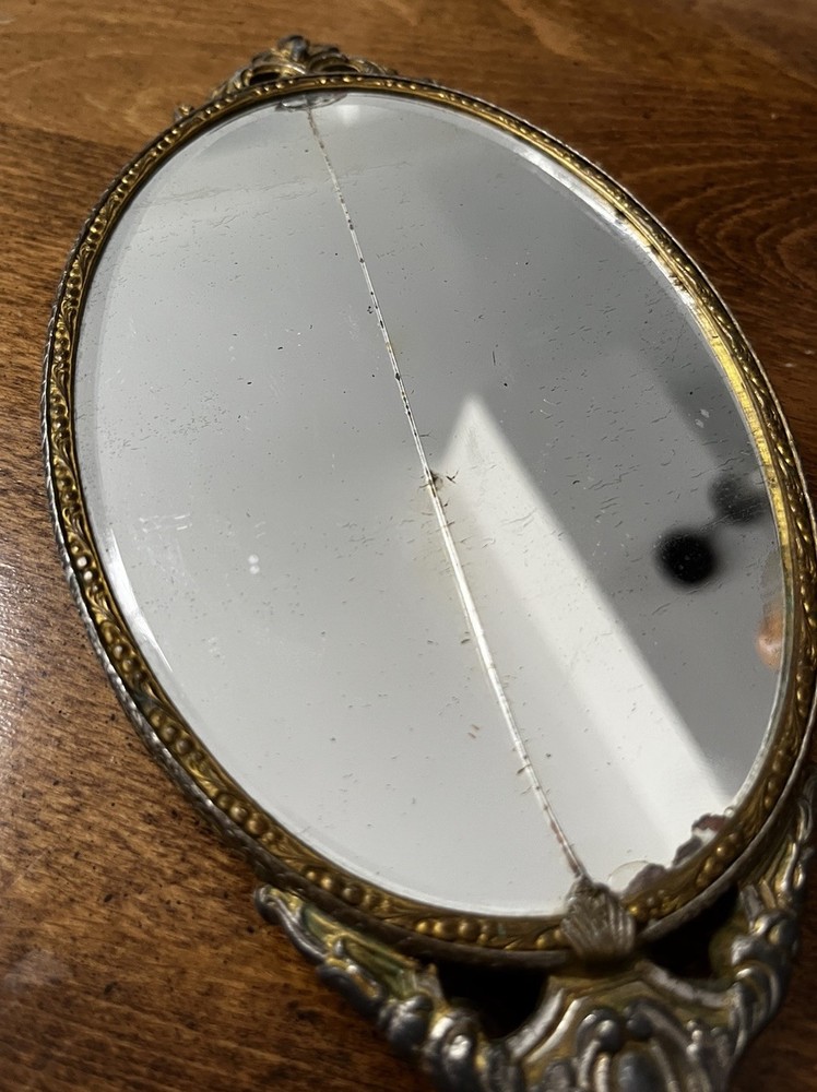 Antique Hand Mirror Rose Emblem Cracked