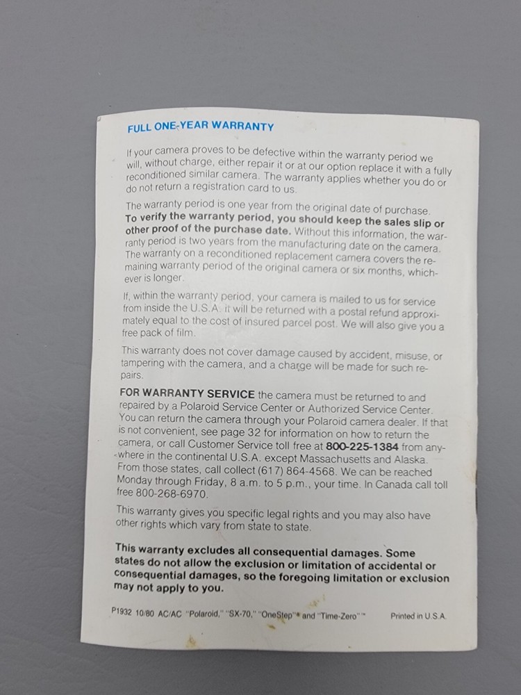 Polaroid Land Camera Original Operating User Manual Time Zero One Step