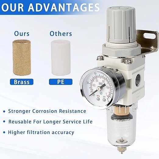 1/4" NPT Compressed Air Filter Regulator Combo, 5 Micron Brass Filter