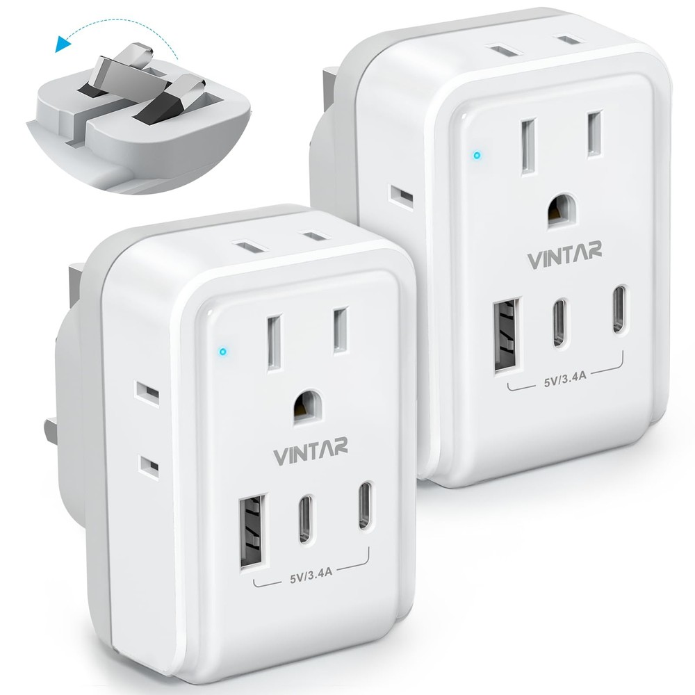 2 Pack US to UK Plug Adapter, VINTAR Foldable Adapters small, white+grey