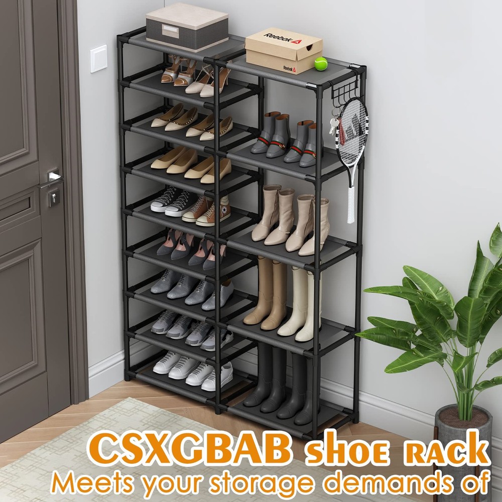 CSXGBAB Tall Garage Shoe Rack Large Capacity,Two Rows Versatile Hooks Storage