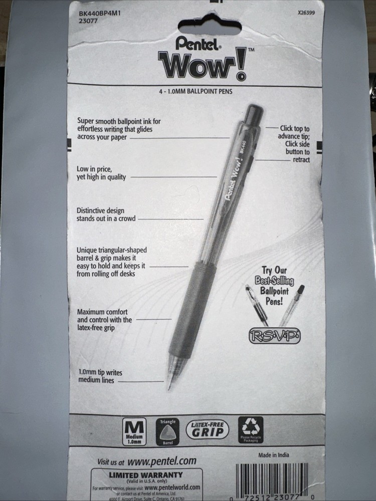 Pentel WOW! Retractable Ballpoint Pens Medium Line Assorted Ink 4-Pack NEW PACK