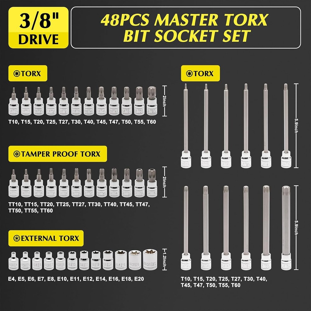 8PCS 3/8"Dr.Master Torx Bit Socket Set CR-V 5.9" Length Star Bit E4 -E20 T10-T60